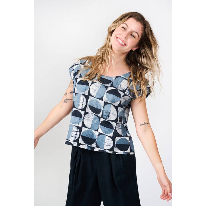 Boxy Blouse: Mod Circles - Black-Organic for wholesale by Global Mamas
