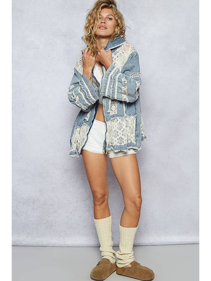 DENIM Embroidered woven crochet patch zipper jacket for wholesale on Faire