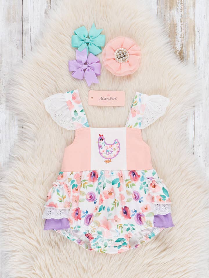 Rosy Chickens Ruffle Bubble for wholesale by Marie Nicole Clothing