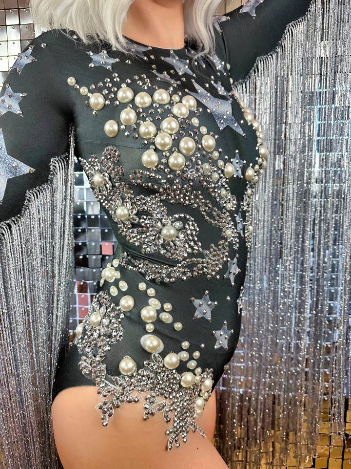 Manifestie - Wholesale Bodysuit - Women's - Halley's Rhinestone Bodysuit / Long Tassel Festival Outfit / Stars and Pearls / NYE Crystal Catsuit Burning Man / Dance Performer Leotard