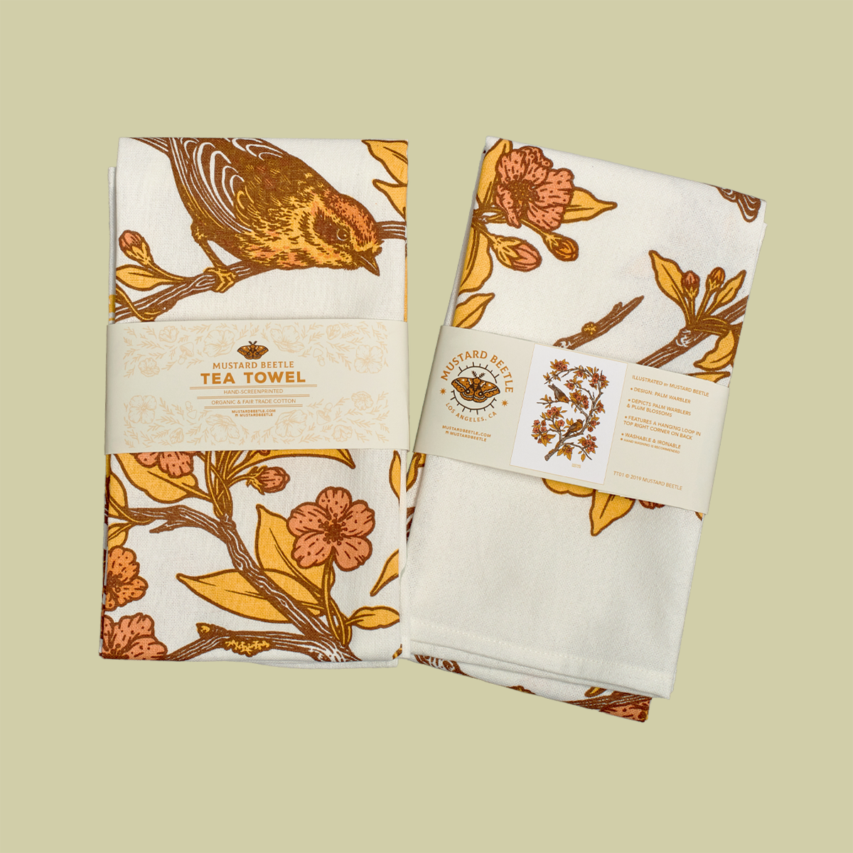 Mustard Beetle - Wholesale Tea Towel - Tea Towel: Palm Warbler & Plum Blossoms3
