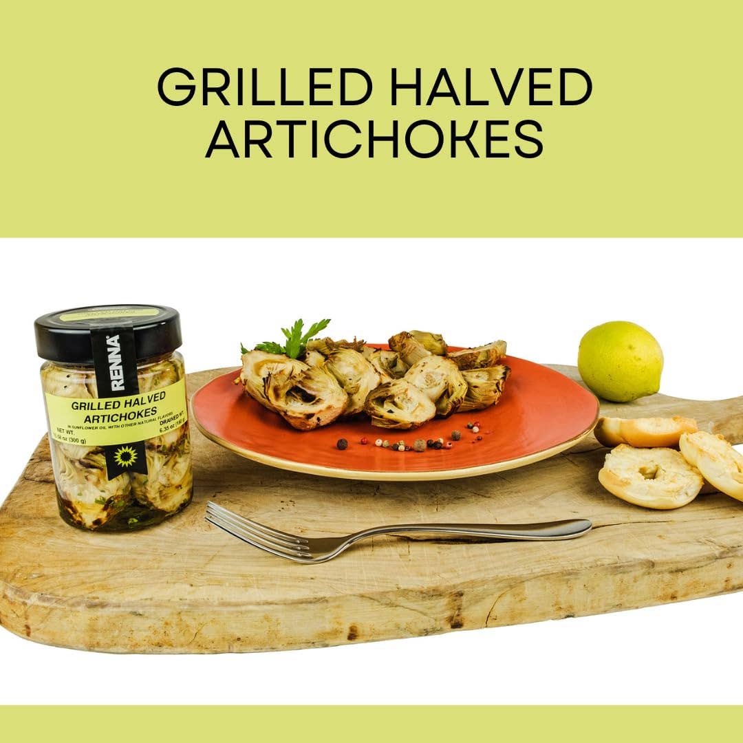 Wholesale Italian Food - Wholesale Pickled Vegetables - SALE! Renna, Grilled Roasted Halved Artichokes preserved in oil, 10.58oz4