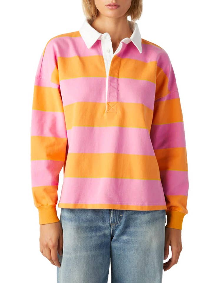 Stripe Colorblock Polo Collar Sweatshirt for wholesale on Faire