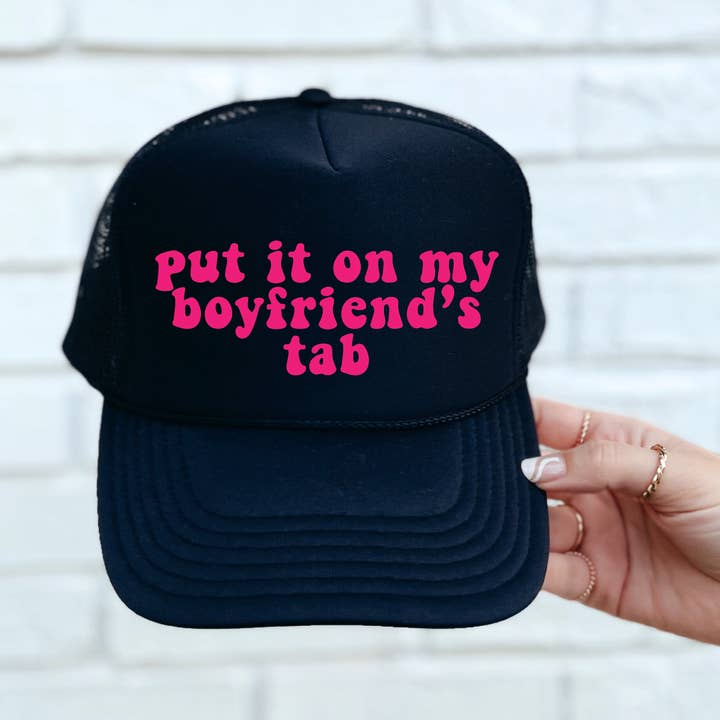 Boyfriend's Tab DTF Printed Black Trucker Hat for wholesale by Southern Attitude Designs Inc