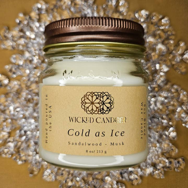 Cold As Ice 8 Oz Mason Glass Jar Soy Blend Candle for wholesale by Wicked Candlier