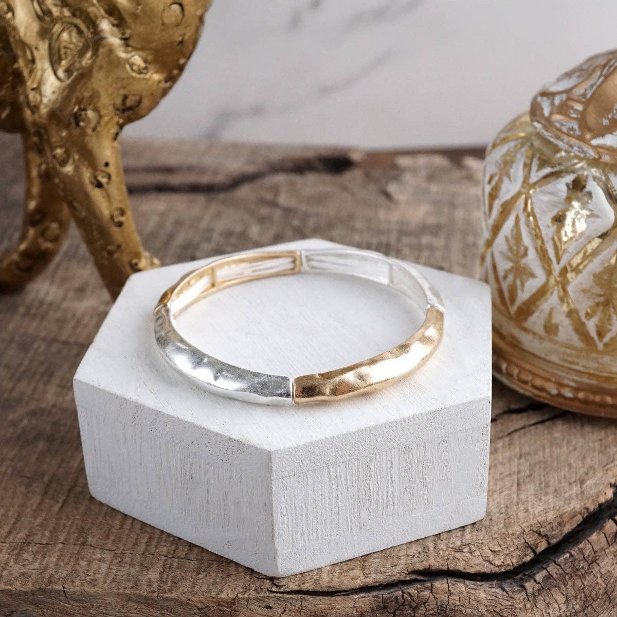 PennyLine inc - Wholesale Bangle Bracelet - Boho Stretchy Minimalist Bangle Raw Textured Worn Gold and Silver tones5