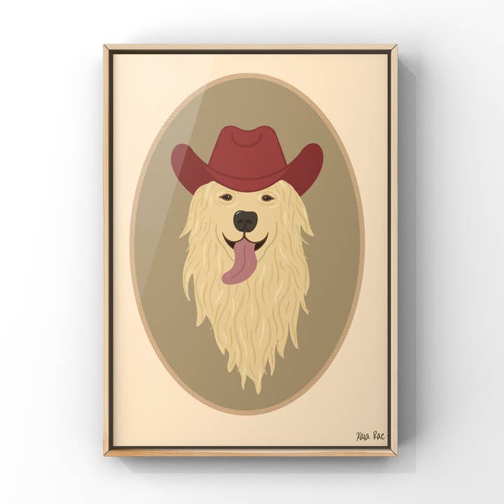 Impression artistique de cowboy en forme de Golden Retriever | Art de chien | Art d'un chapeau de cowboy pour la vente par Surf Cowboy