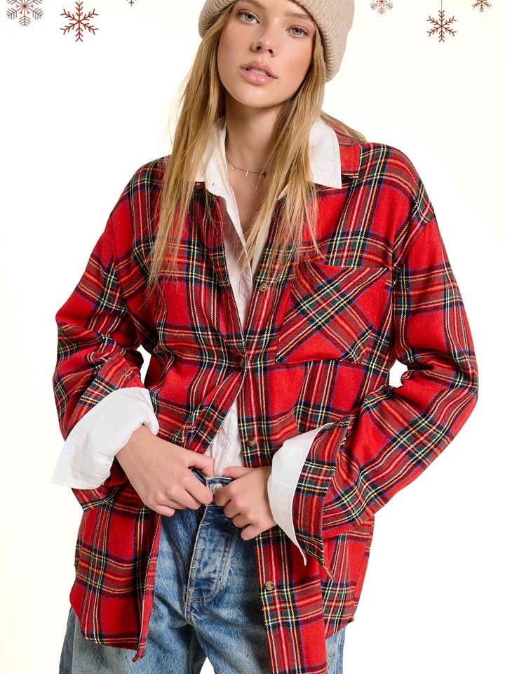 SRT7807-Soft Fabric Plaid Loose Fit Button Down Shirt for wholesale by La Miel