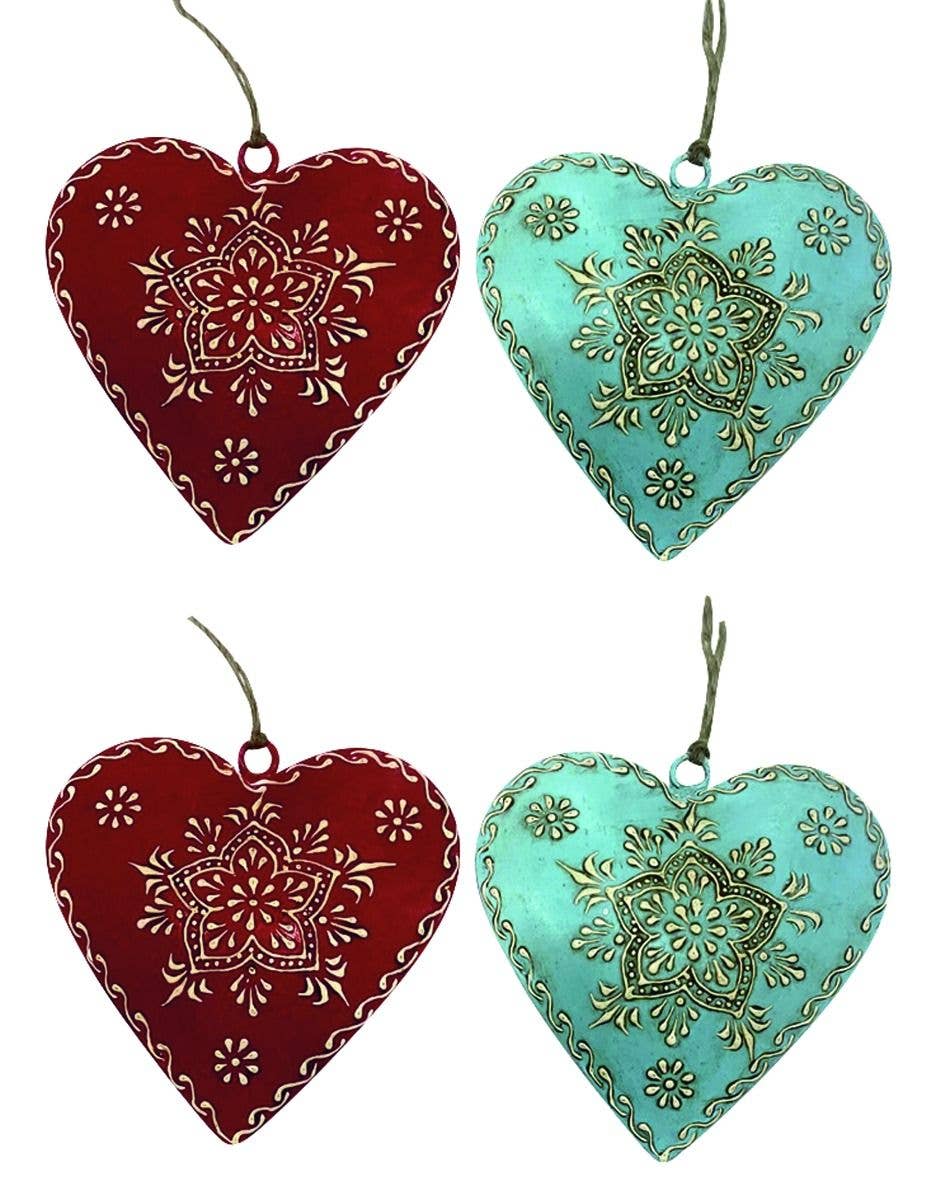 Status Collections - Wholesale Ornament set - S/4 Embossed 10cm Hearts Red / Turquoise0