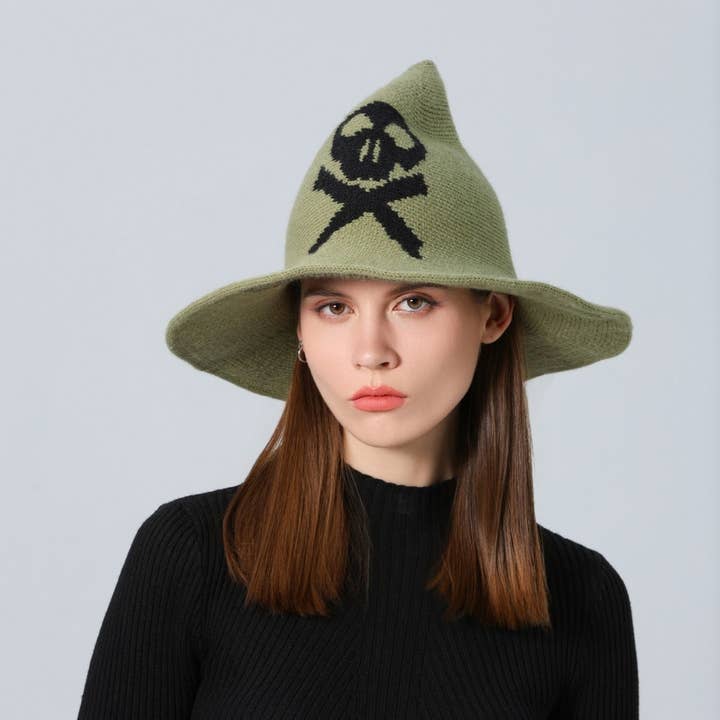 NINEXIS - Wholesale Boater Hat - Women's - CWAH1681_Halloween Skull Knitted Wizard Hat