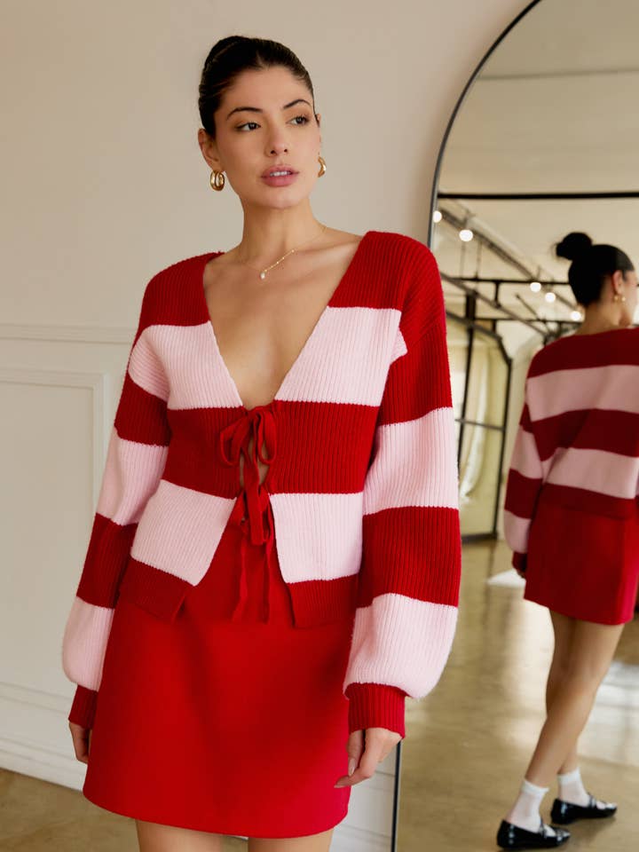 FRONT TIE DETAIL LONG SLEEVE STRIPE CARDIGAN for wholesale by Sunday Edition by LE LIS