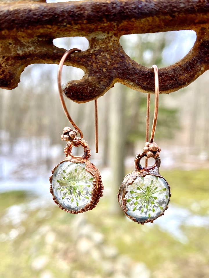 Real Mini Queen Anne's Lace - Copper Electroformed Earrings for wholesale by The Posh’mina