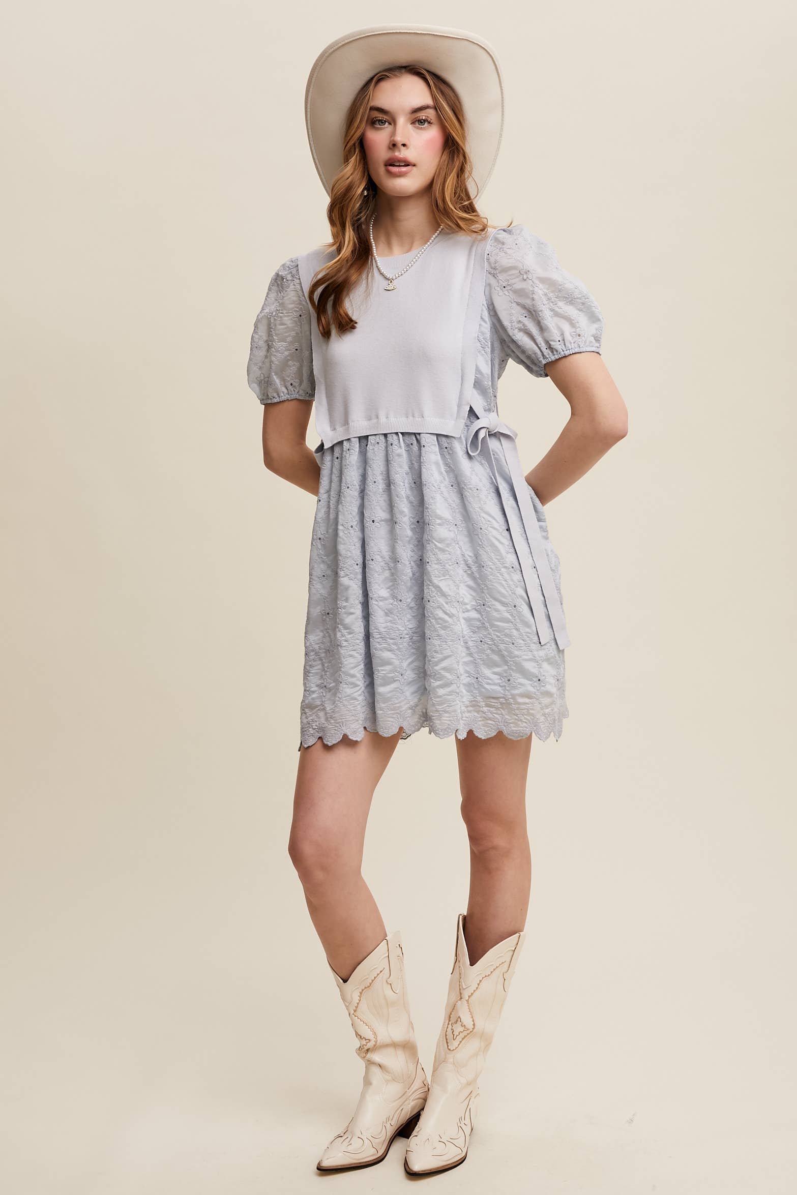 Listicle - Wholesale Dress - Women's - Embroidered Puff Sleeve Dress with Knit Vest29