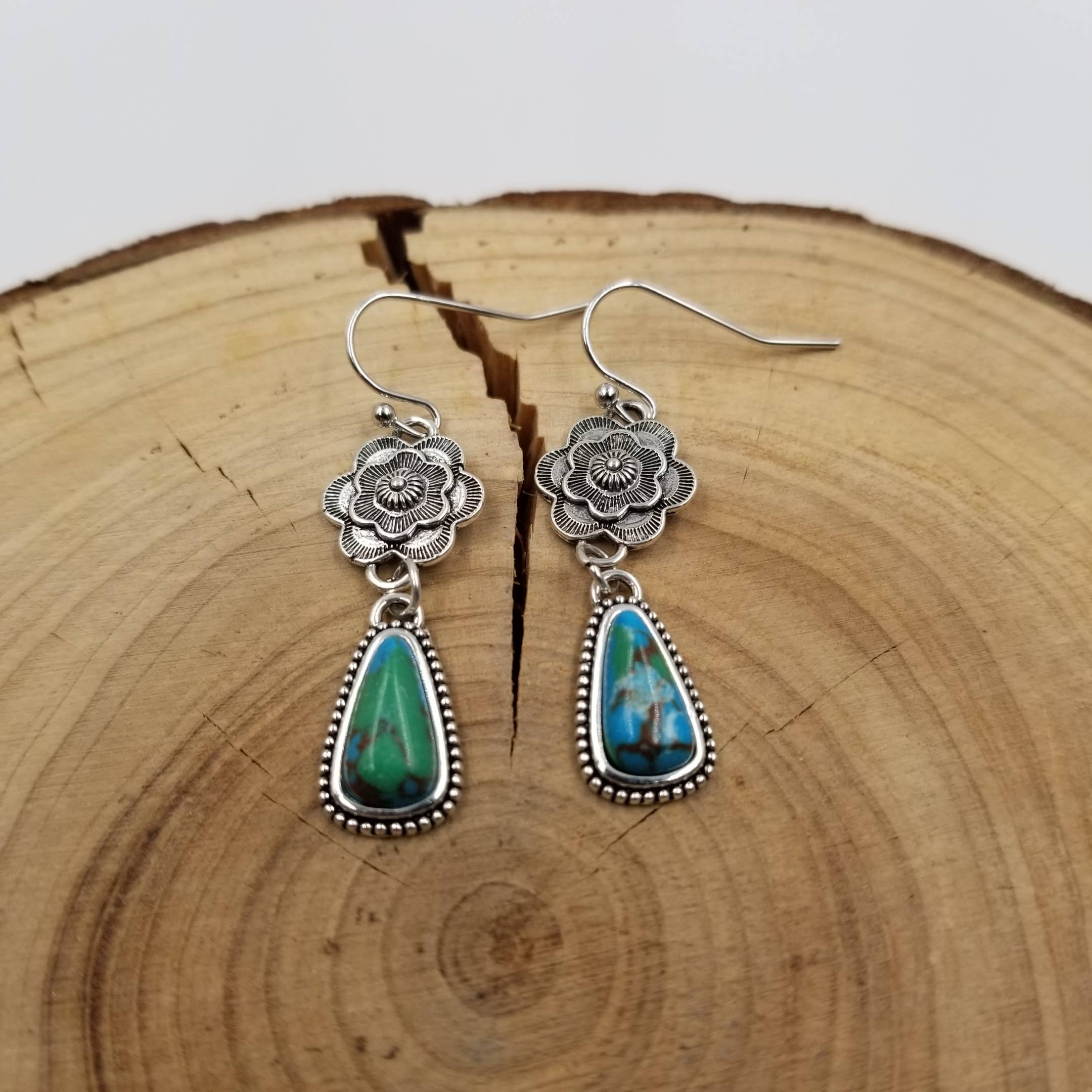 CHAKRA JEWELRY - Vente Boucles d'oreilles pendantes - Boucles d'oreilles vintage en argent avec fleurs et turquoise1