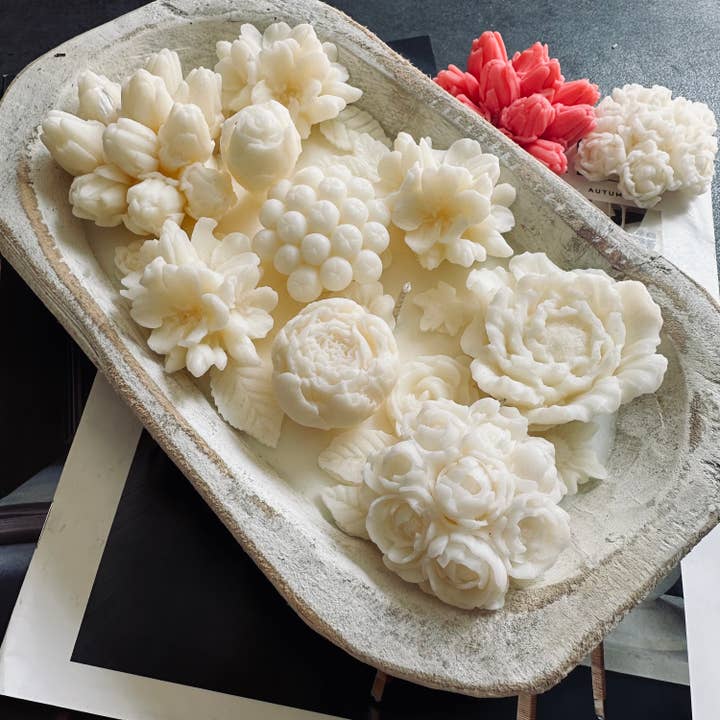 Soy Wax Flower Candle in Wooden Dough Bowl for wholesale by Karly’s Candles
