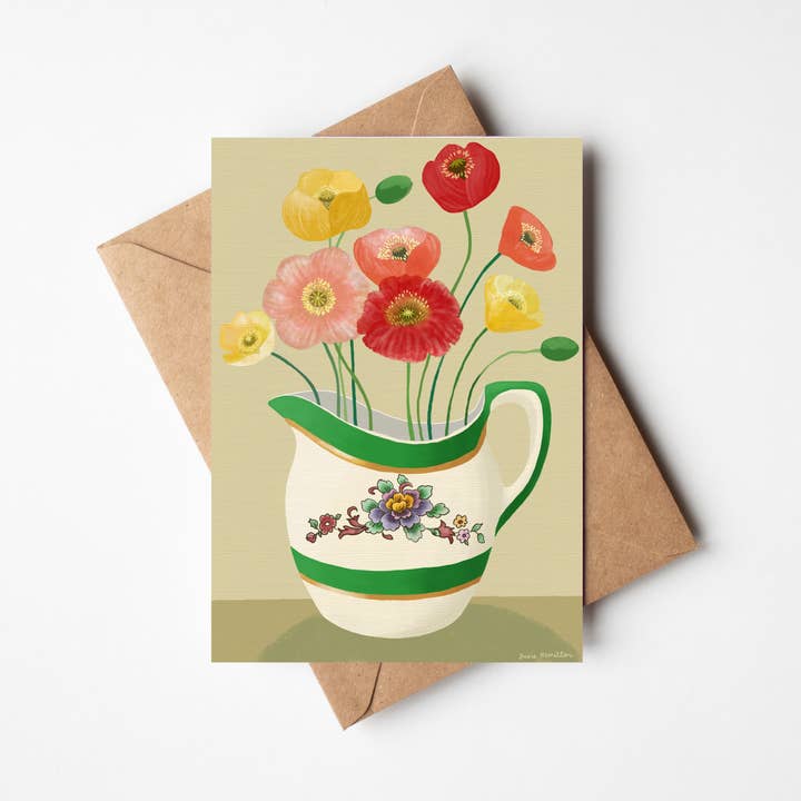 Poppies in Green Jug Card for wholesale by Susie Hamilton Art