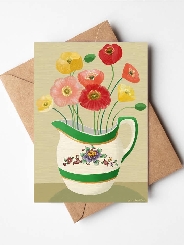 Tarjeta de Amapolas en Jarra Verde para venta al por mayor de Susie Hamilton Art