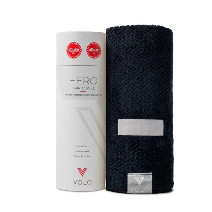 VOLO Hero Hair Towel- Vinyl Black Luxe Tube for wholesale by VOLO Beauty