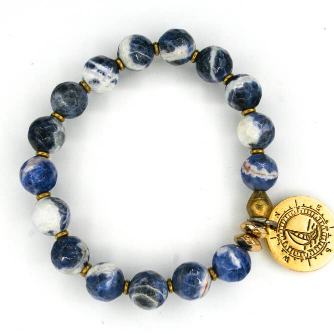 Vanessa Piche - Wholesale Beaded Bracelet - Gold Compass Blue/White Sodalite 10mm