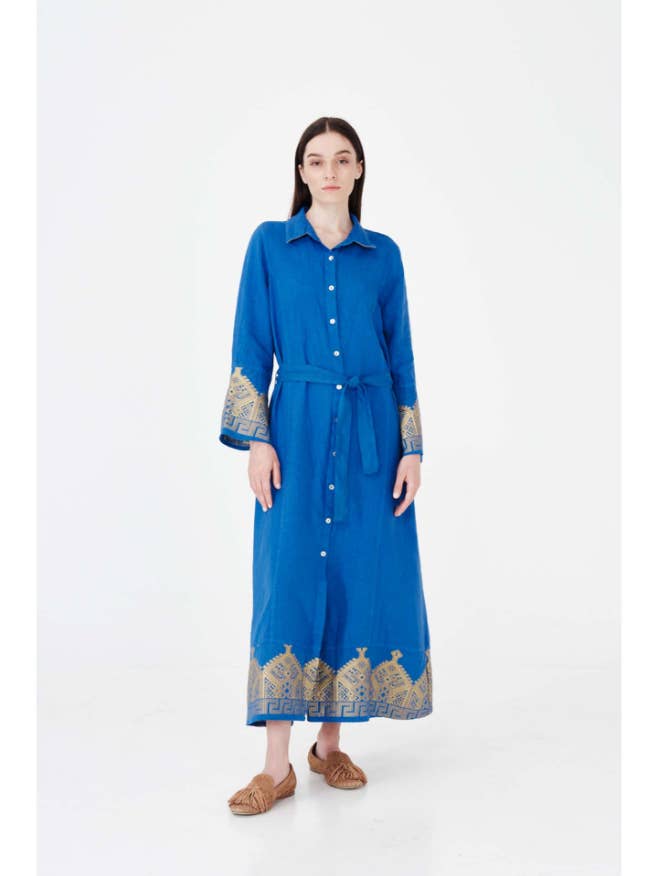 Maxikleid aus Leinen mit gestickten Details für den Großhandel von Haris Cotton