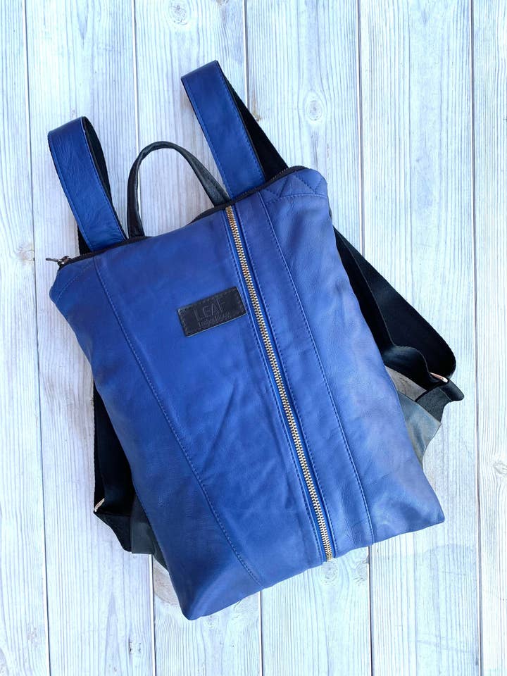 Zaino Blu in Pelle Riciclata, Zaino Blu Unico nel Suo Genere per la vendita all'ingrosso da parte di LeaF