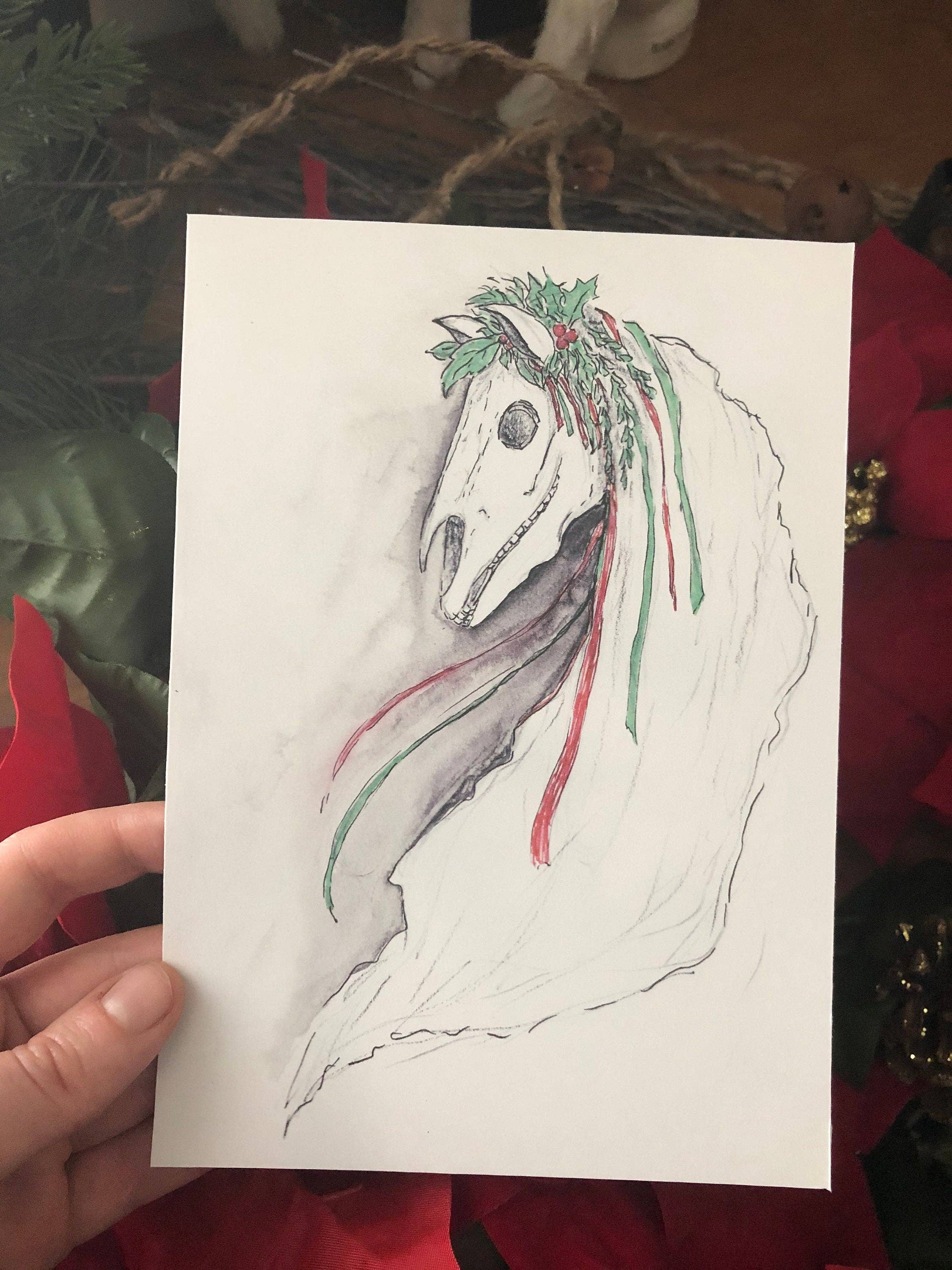 The Pickety Witch - Wholesale Art Print - Mari Lwyd - 5x7 Print - Welsh Yule skeleton horse art