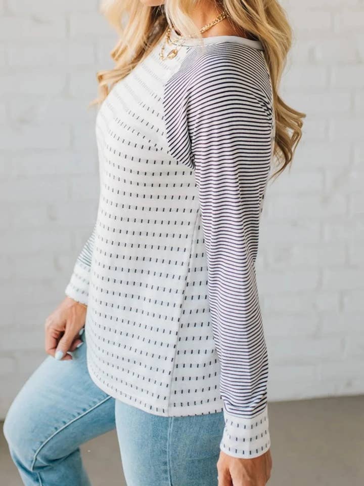 Black Stripe Raglan Patchwork Long Sleeve Tee for wholesale on Faire2