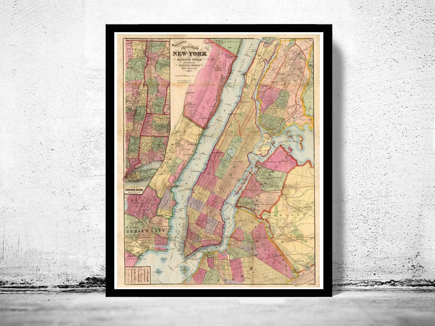 OldCityPrints - Old Maps and Posters - Wholesale Art Print - Old Map of New York and Manhattan Bronx Brooklyn 1874 Vintage Map | Vintage Map Wall Art Print