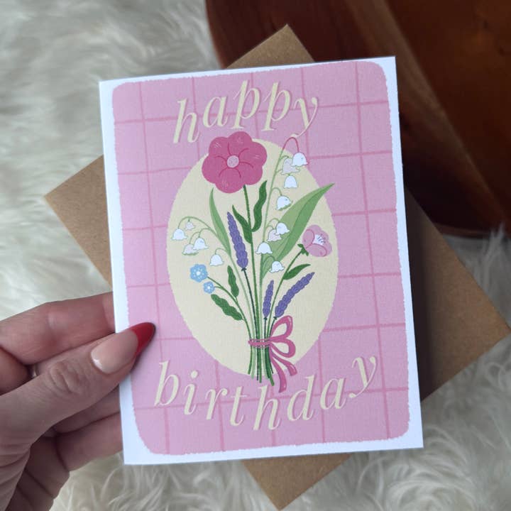 Happy Birthday Cute Hand Tied Bow & Bouquet Card for wholesale by Big Moods