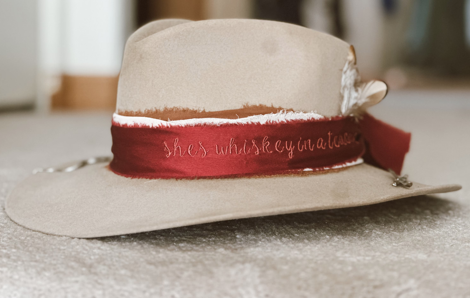Little Lamb Designs - Wholesale Hat Accessory - Women's - Embroidered hat band with "whiskey in a teacup" quote1