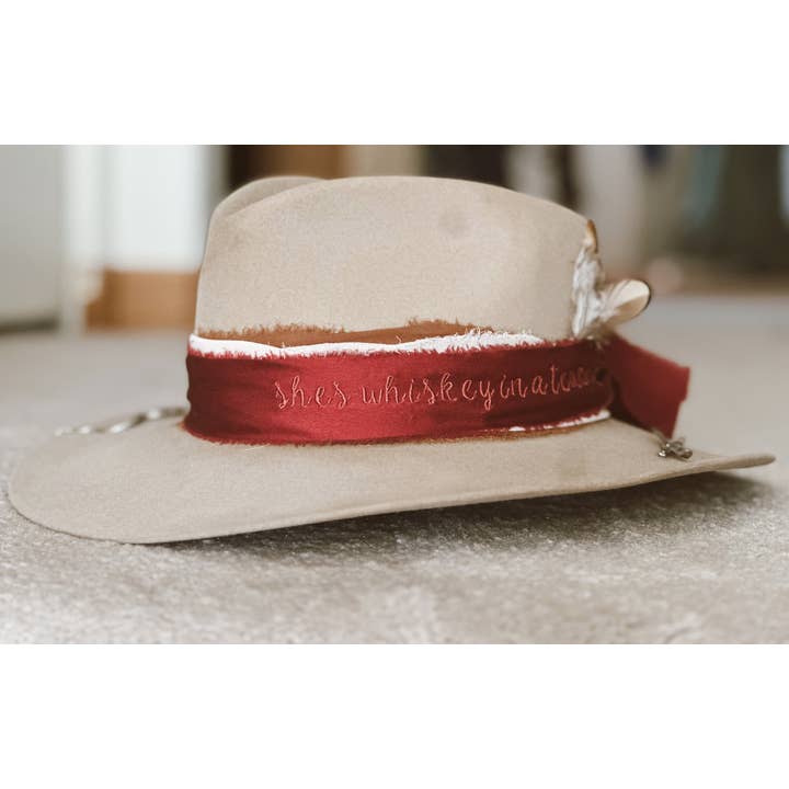 Little Lamb Designs - Wholesale Hat Accessory - Women's - Embroidered hat band with "whiskey in a teacup" quote1
