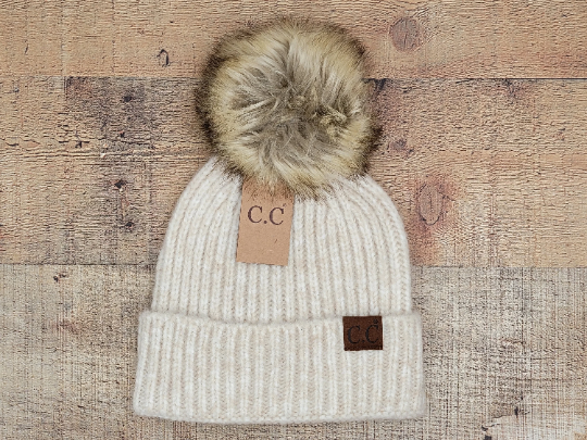 Treasure Bank - Wholesale Beanie - Women's - C.C Winter Hat, Classic Rib Beanie with  Faux Fur Pom3