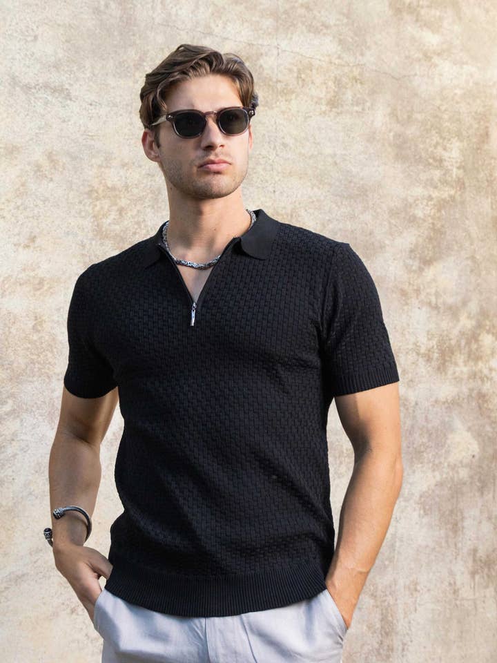 Men's Stylish Premium Knit Textured Polo Shirt with Stripe Accents NEW for wholesale by MOJITO COLLECTION