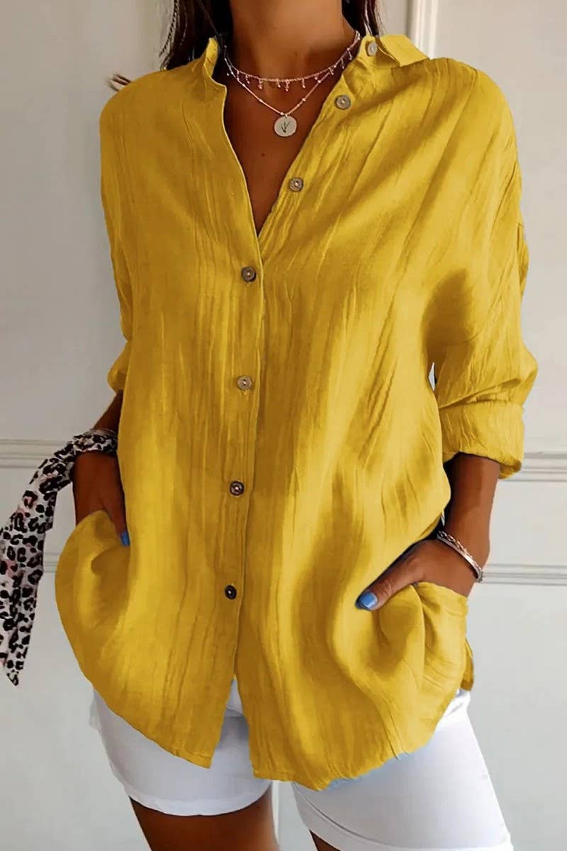 NINEXIS - Wholesale Shirt - Women's - CWTSTL2281_SOLID COLOR SINGLE BREASTED PLEATED LAPEL SHIRT5