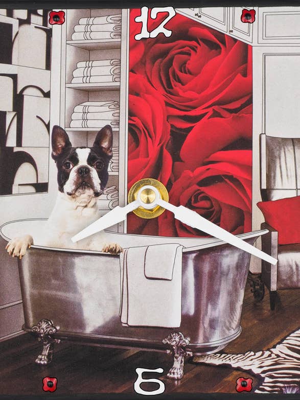 Boston Terrier i badkaret, collageklocka för wholesale av Lea Alboher