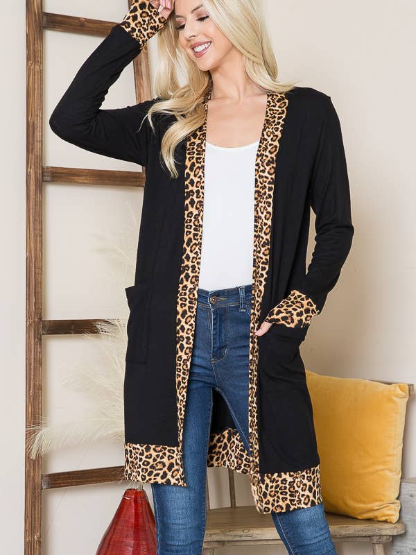 MIDI OPEN CARDIGAN WITH ANIMAL CONTRAST DETAIL for wholesale by Burgundy Apparel