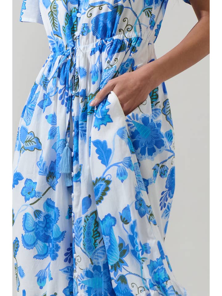 WHITE BLUE GREEN Samian Floral Kissa Button Down Maxi Dress for wholesale on Faire3