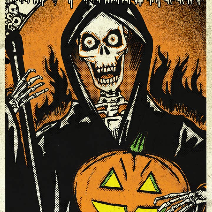 Postal de Happy Halloween Grim Reaper para venta al por mayor de Black River Letterpress & Paper Co.