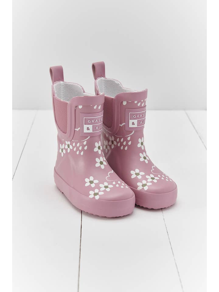 Grass & Air – wholesale Rain Boots – Child – Pink Bloom Floral Short Colour-Changing Kids Wellies