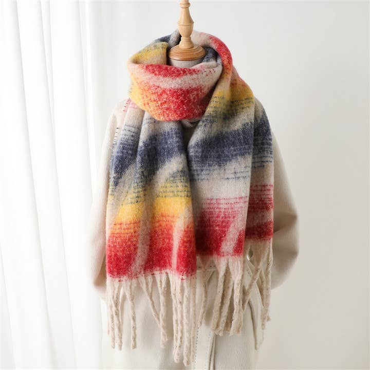 Rainbow Grid Soft Scarf with Fringe Trim_CWASC2775 for wholesale by ACCITY