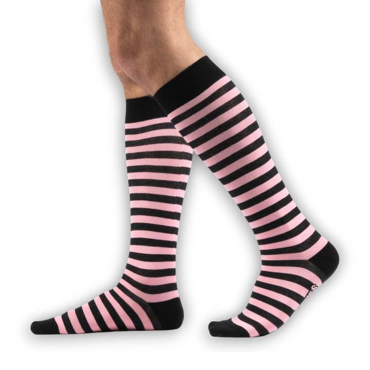 Bubblegum and Black Stripes Knee High Socks for wholesale by FootClothes LLC