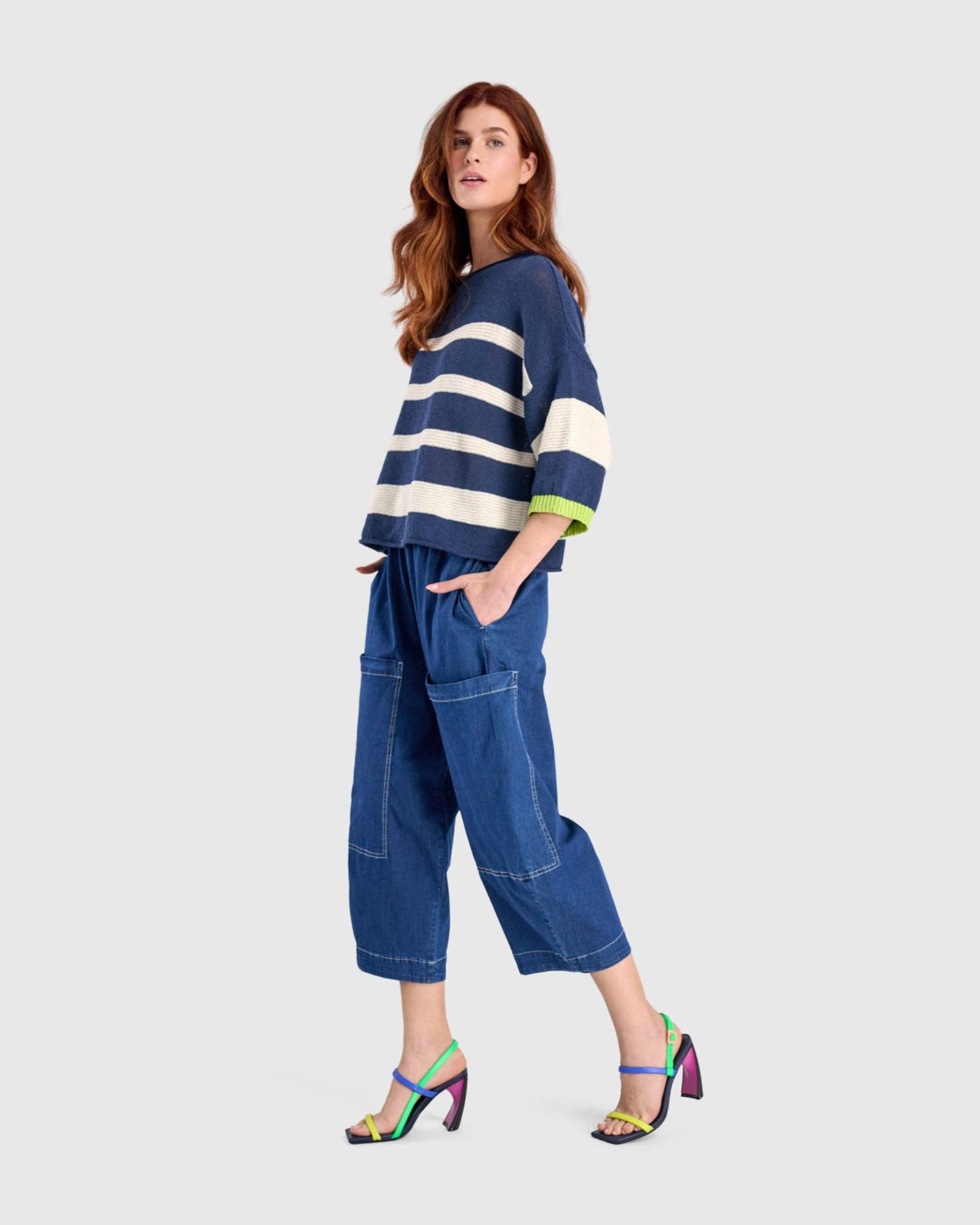 lime Boxy Stripes Sweater, Blue/Cream for wholesale on Faire3