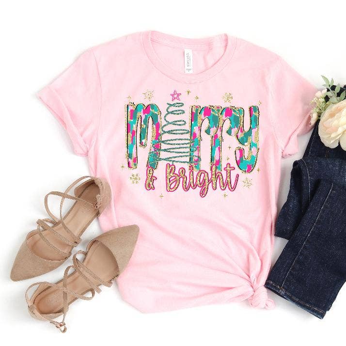 Merry And Bright Pink Christmas Graphic Tee for wholesale by Simply Tees