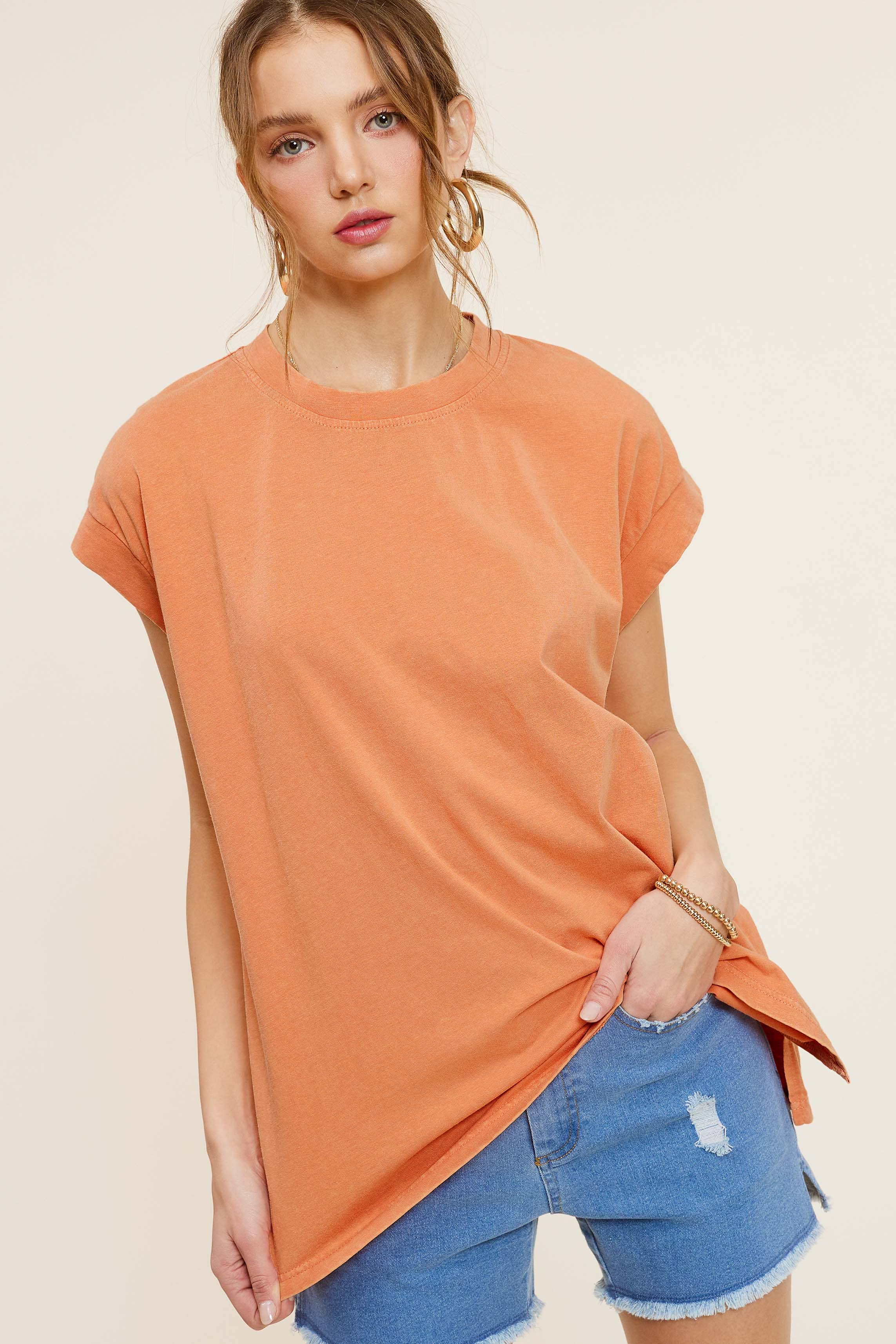 La Miel – wholesale Tunika - Dam – MCT7689-Mineraltvättad Kortärmad topp med rund halsringning24