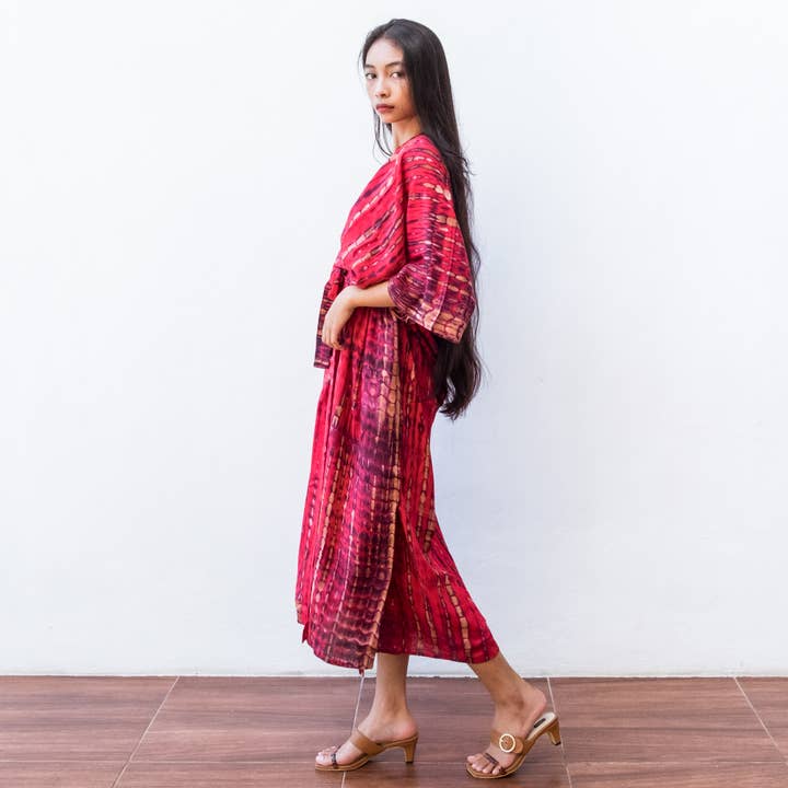 Bali Harvest - Wholesale Swim cover-up – Women’s - Tie Dye Kimono Cover Up (Red) - Bikini Beach Robe Sun Dress1
