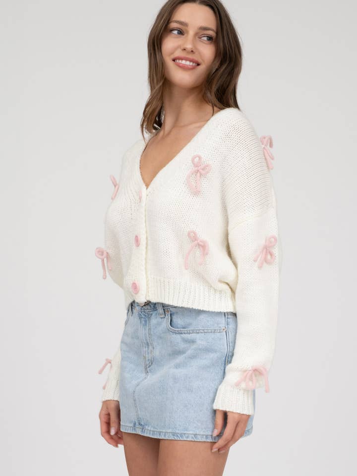 Blu Pepper - Wholesale Cardigan - Women's - BOW DETAIL BUTTON DOWN CROPPED KNIT CARDIGAN