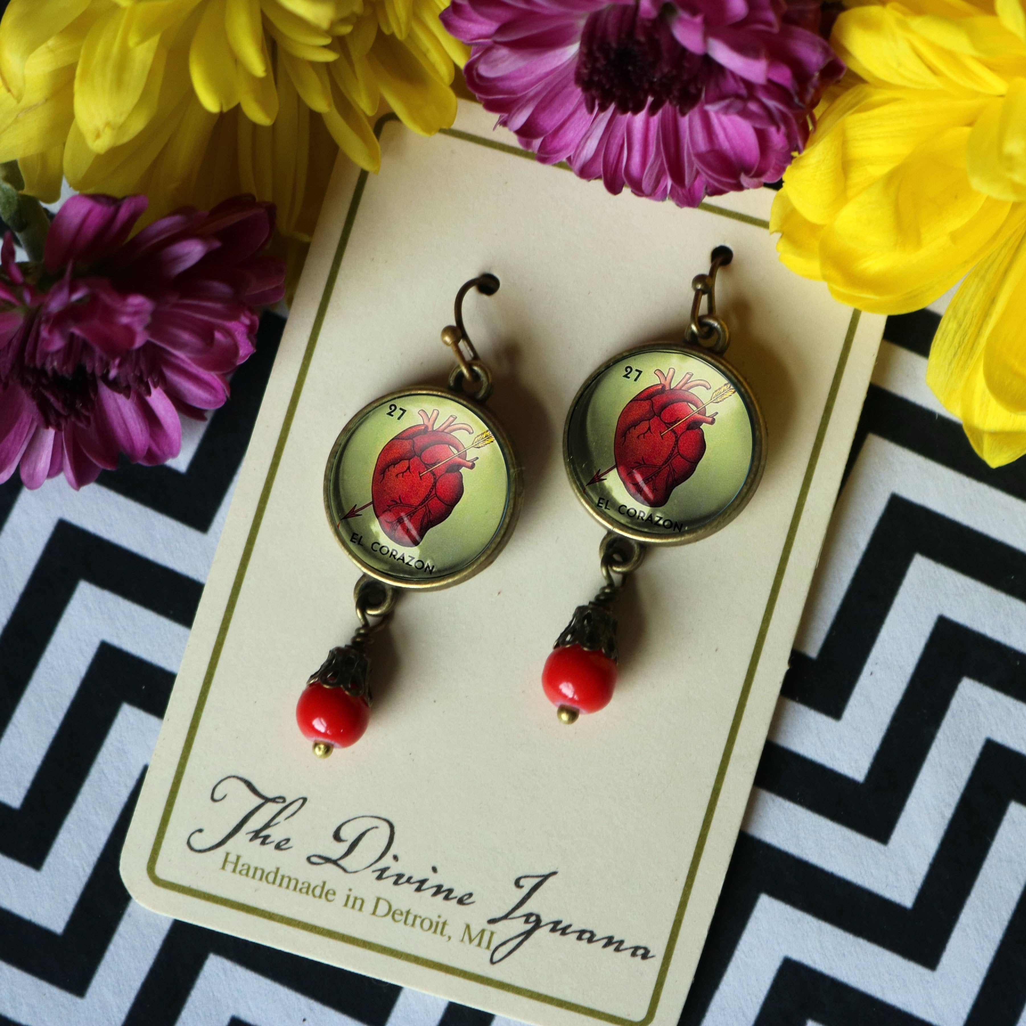 The Divine Iguana - Wholesale Dangle Earrings - Loteria El Corazon Heart Glass Cabochon Earrings4