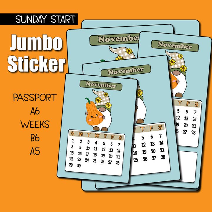 2026 November Kalender Jumbo Aufkleber - Sonntag Start für den Großhandel von Shine Sticker Studio
