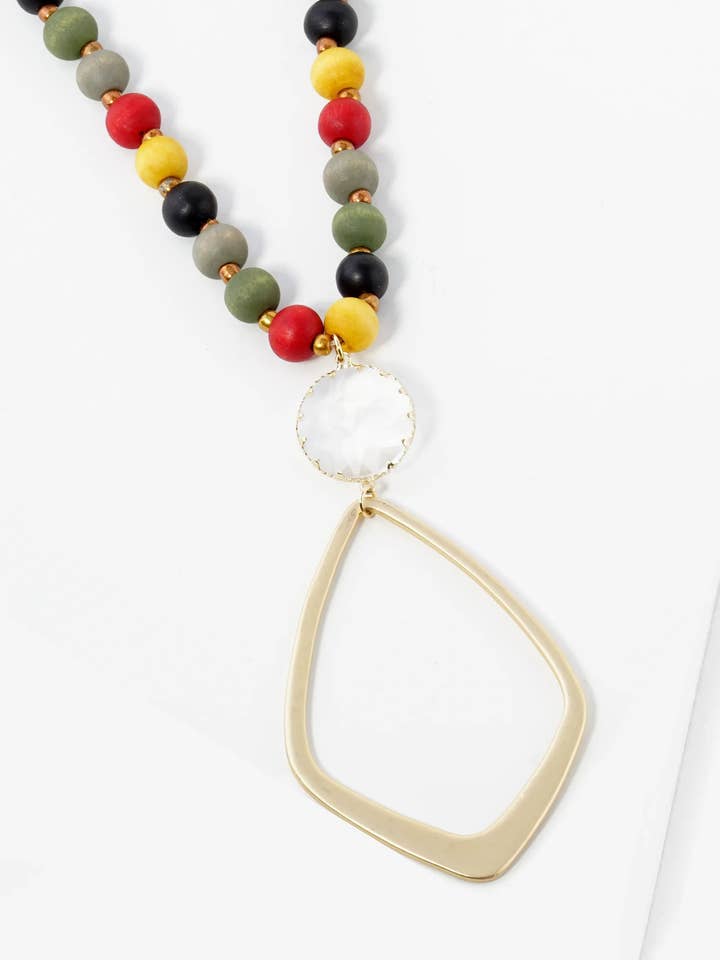 Marquise Shape Brass Pendant Wood Beaded Long Necklace for wholesale by Wild Honey