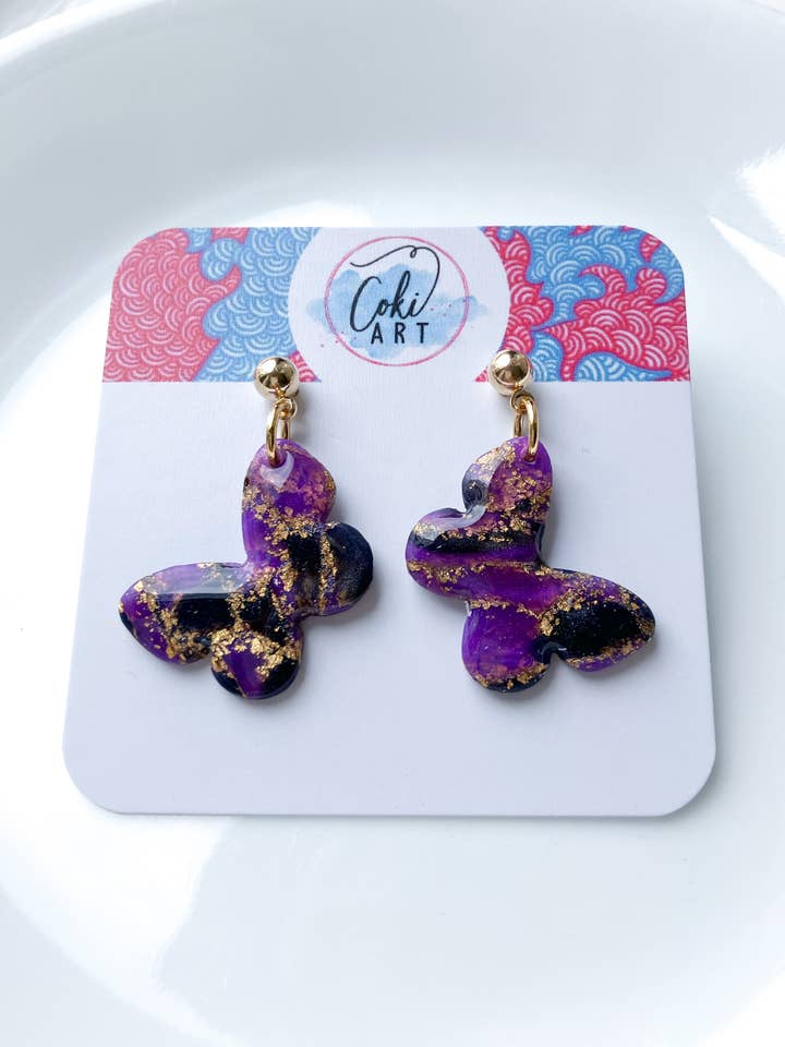 Purple, Black and Gold Butterfly Dangle Earrings | Handmade for wholesale by Coki Art